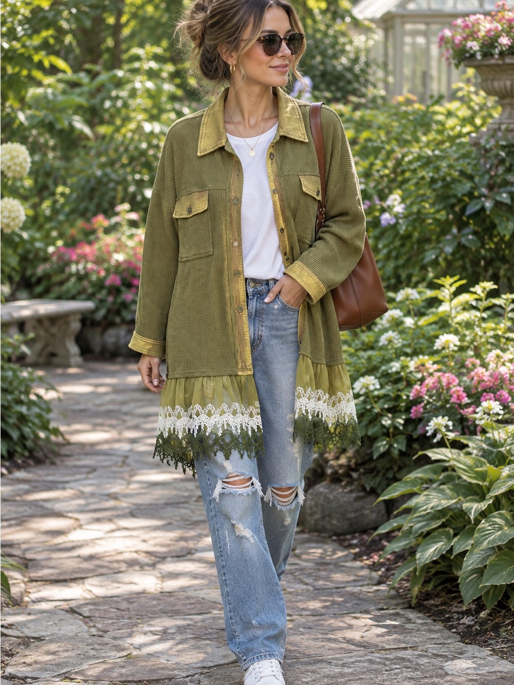 Olive Green Waffle Knit Jacket/dress with Lace Hem